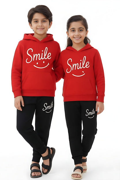 Red Smiley Printed Hoodie With Trouser For Kids