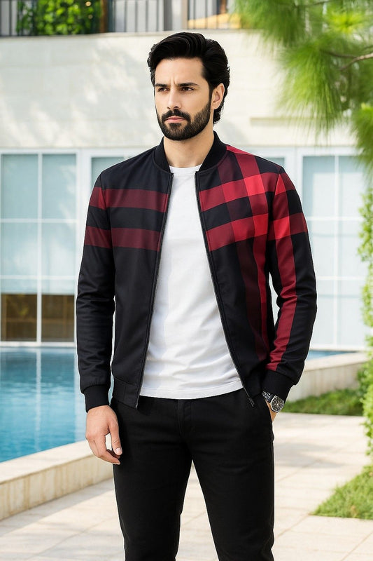 Red Checkered Printed Zipper Jacket