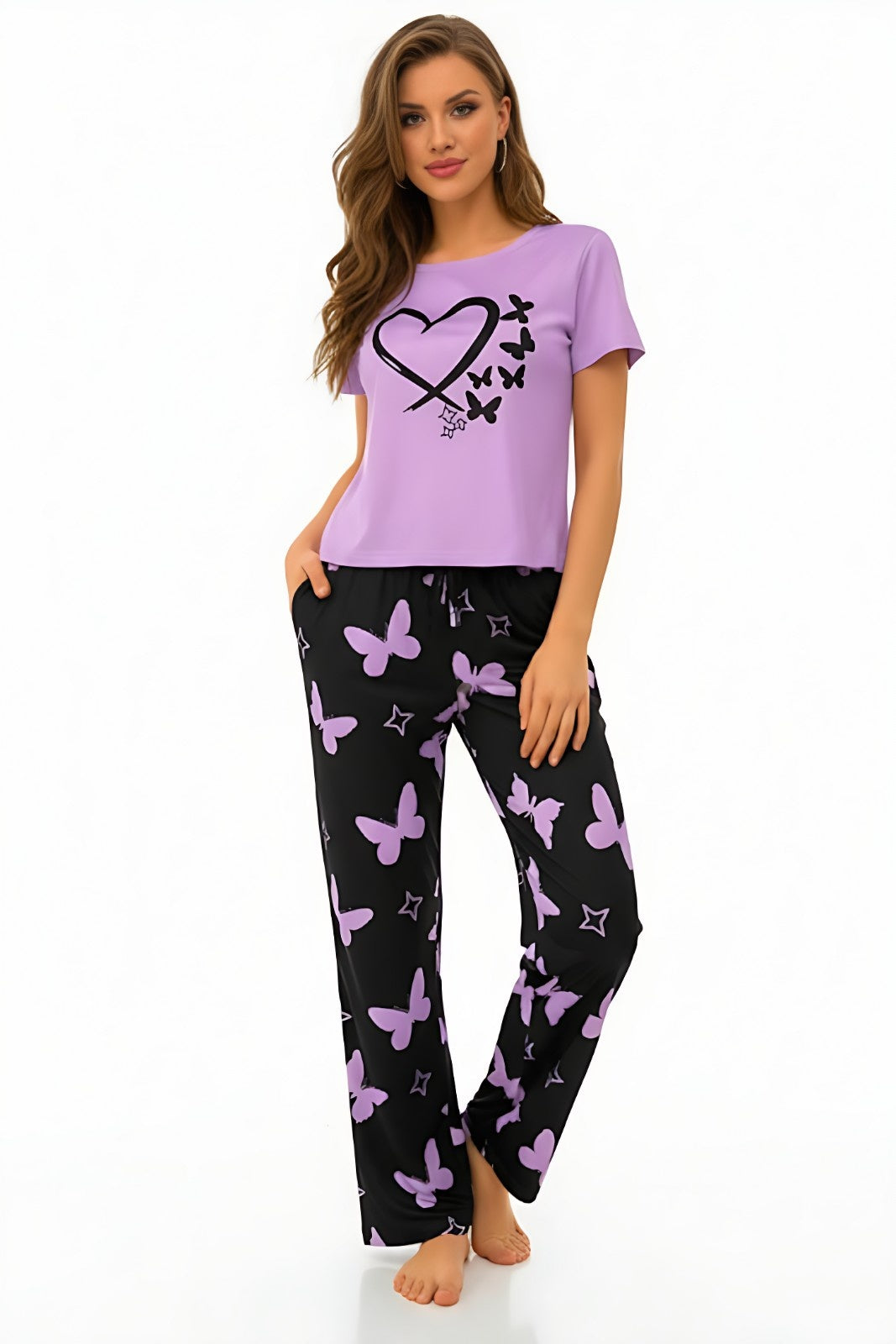 Butterfly Printed & Purple Heart  Night Suit