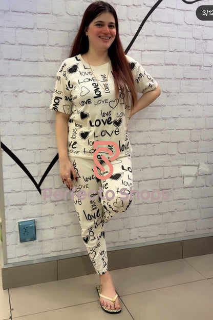 Love & Heart Printed Night suit