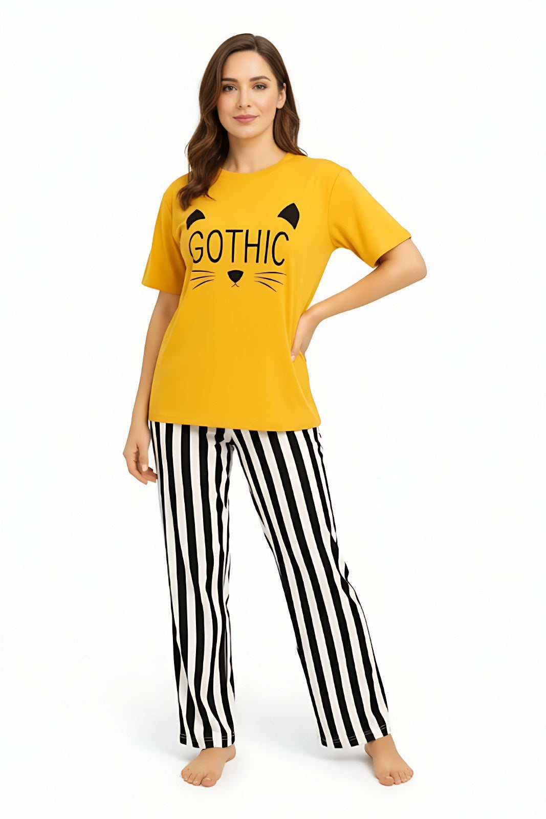 Yellow Gothic Printed Night Suit