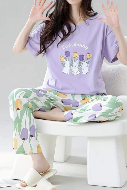 Rabbit & Floral Print Pajama Set Night Suit