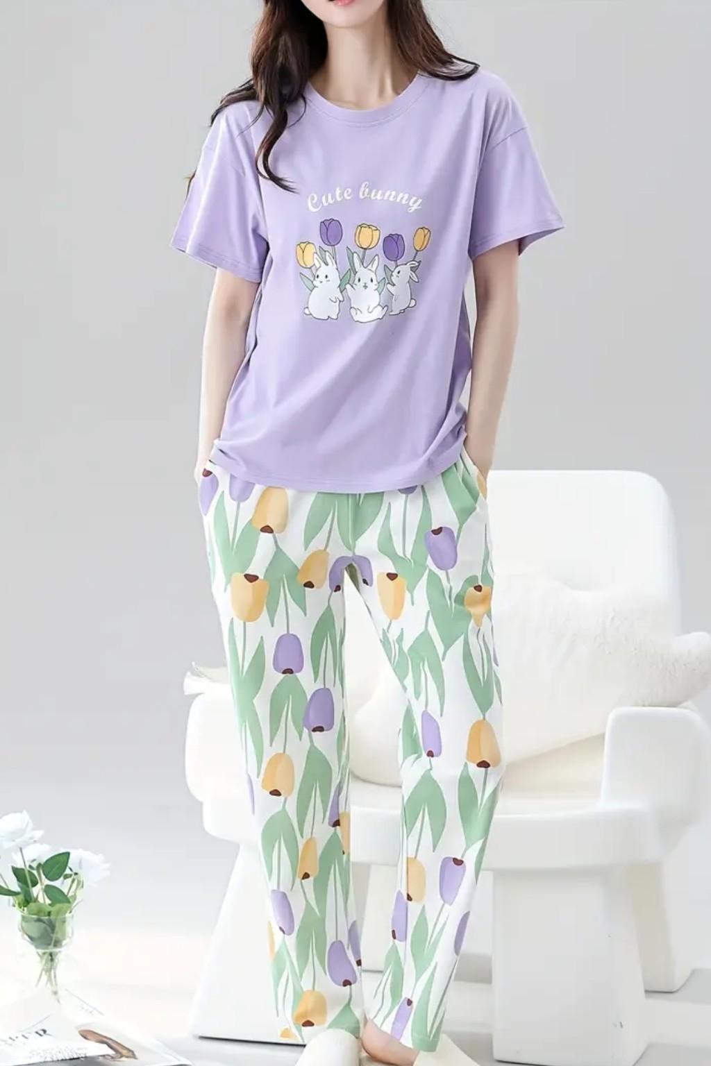 Rabbit & Floral Print Pajama Set Night Suit