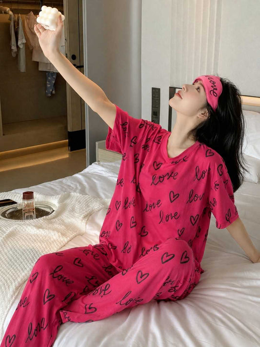 Heart Love Printed & Eye Band Night Suit