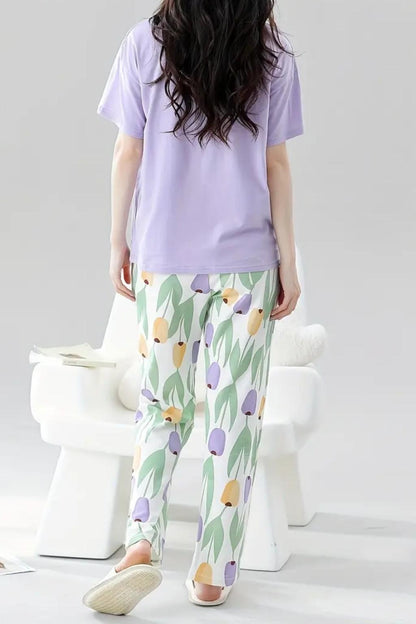 Rabbit & Floral Print Pajama Set Night Suit