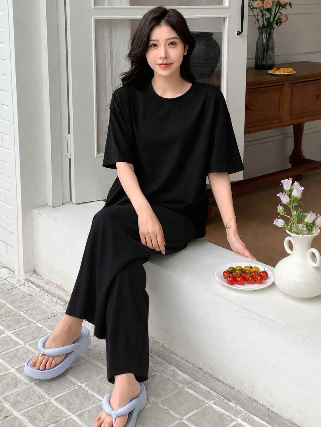 Black Plain Basic Stylish Pj Set