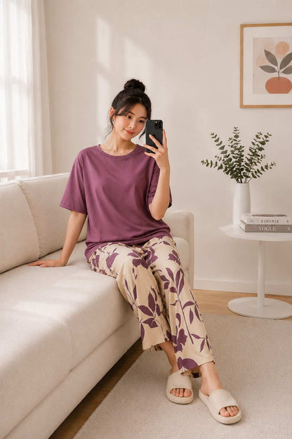 Plum Floral Printed PJ Set