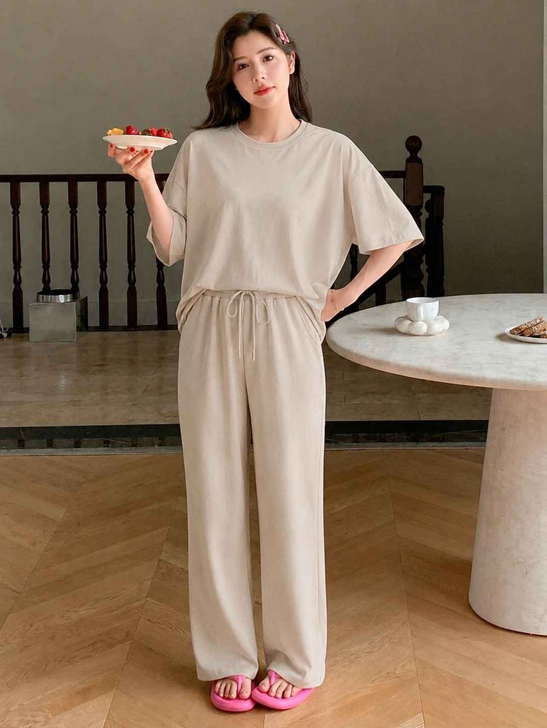 Beige Korean Style Relax Fit Pj Set