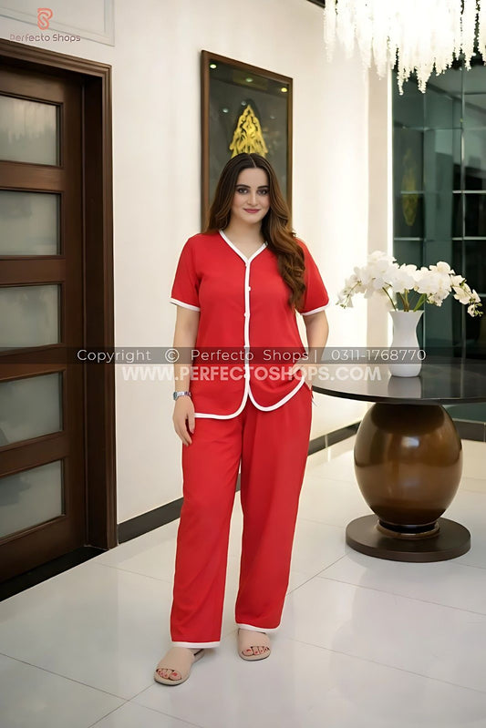 Red Plain Stylish Night Suit