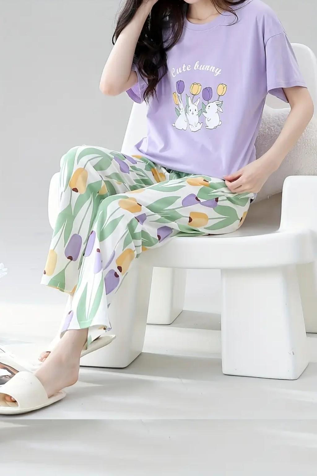 Rabbit & Floral Print Pajama Set Night Suit