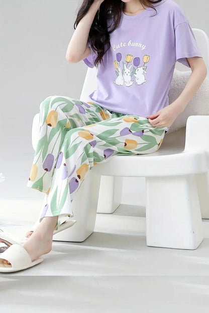 Rabbit & Floral Print Pajama Set Night Suit