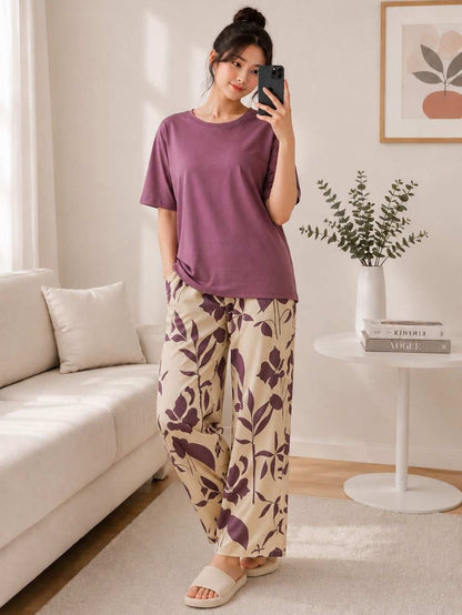 Plum Floral Printed PJ Set
