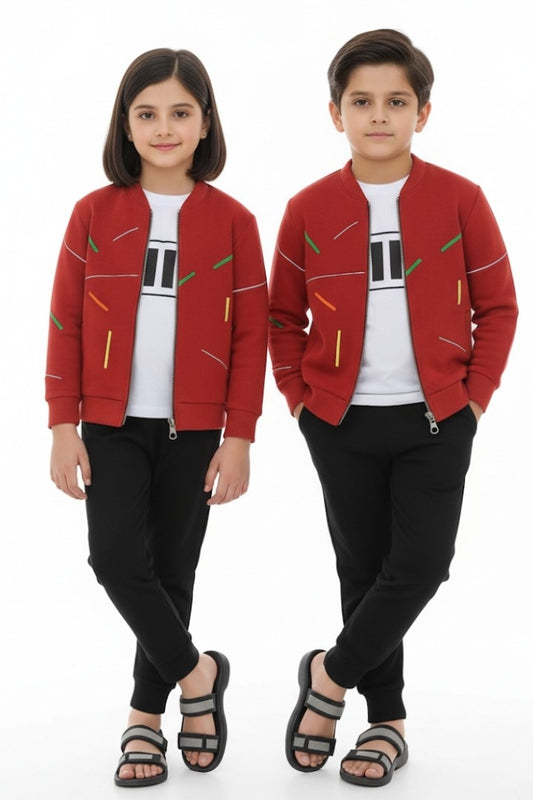 Kids Red Printed Zipper Jacket With Trouser