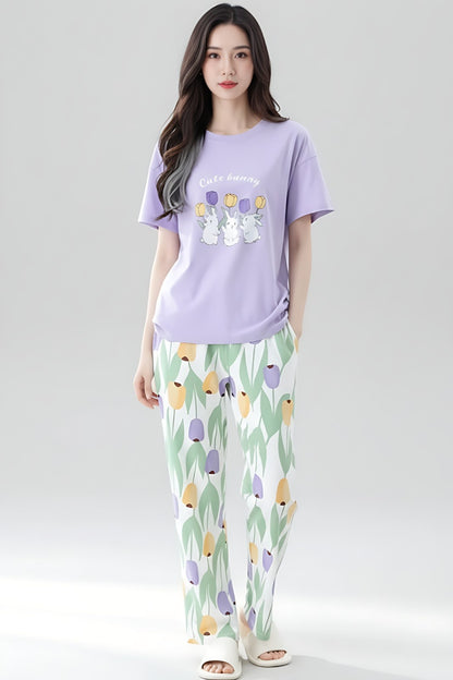 Rabbit & Floral Print Pajama Set Night Suit