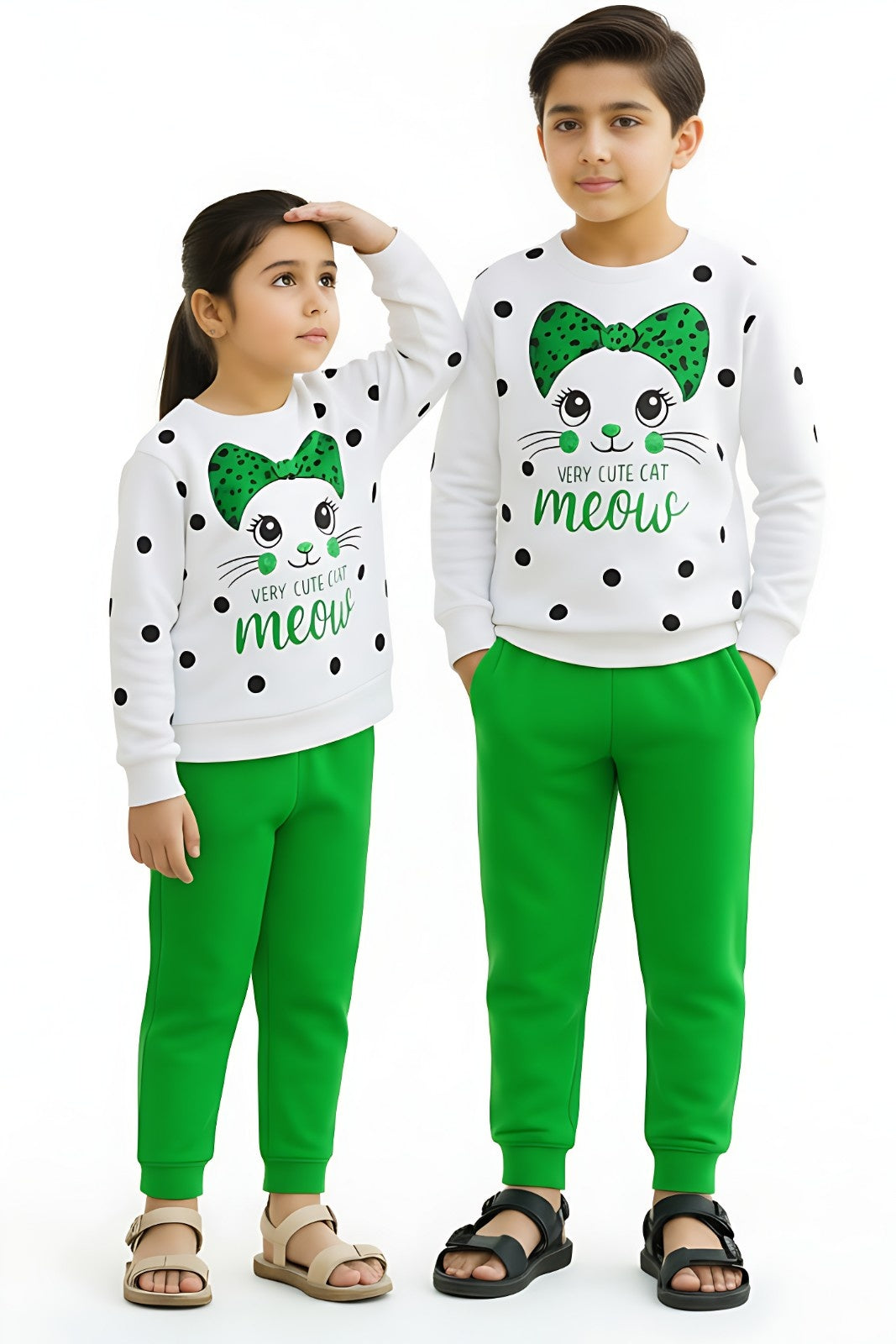 White Meow Printed Sweatshirt With Trouser For Kids
