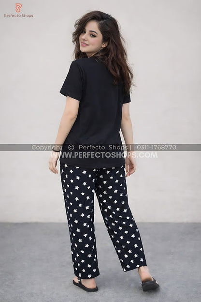 Love Sleep Black Printed Night Suit