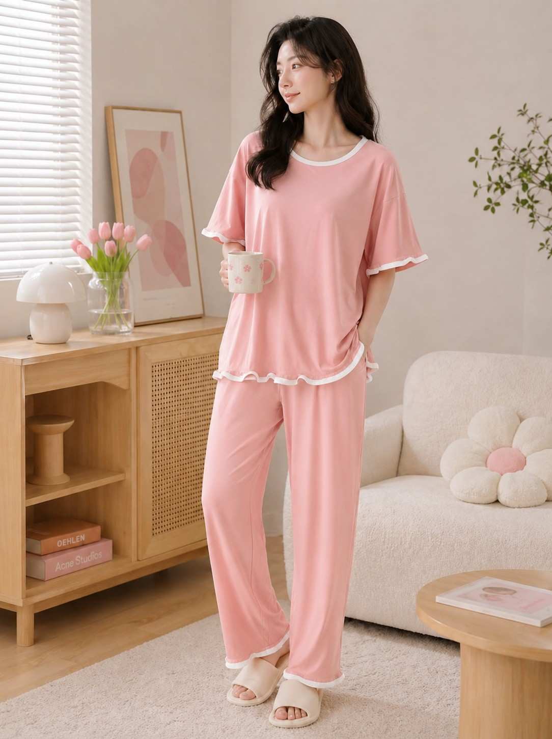 Peach Basic Pearl Plazo PJ Set
