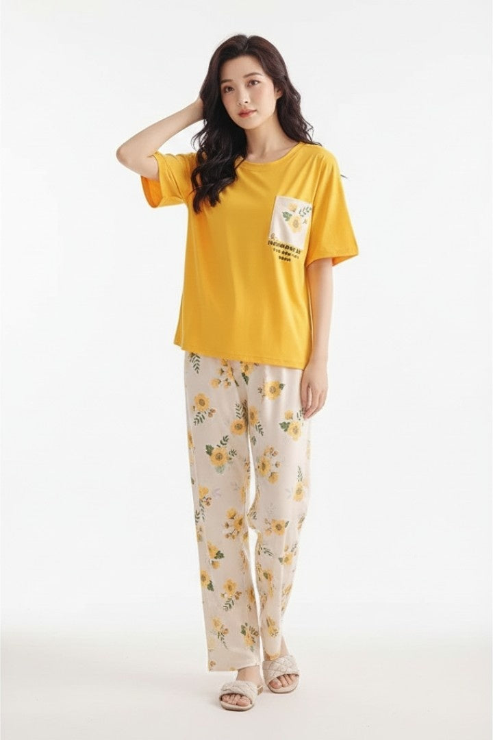 Yellow Pocket Printed Night Suit