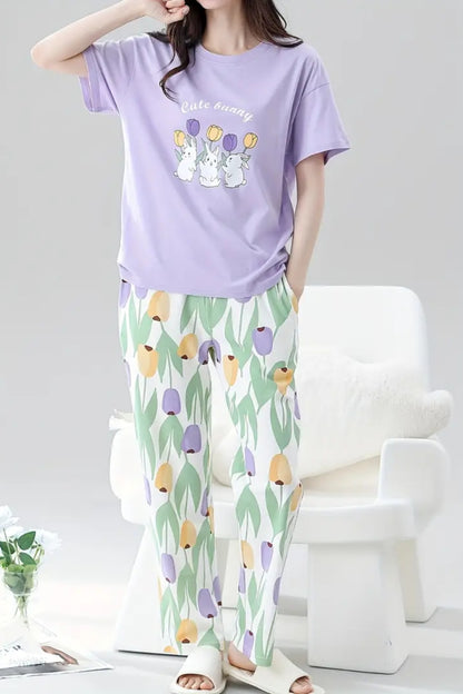 Rabbit & Floral Print Pajama Set Night Suit