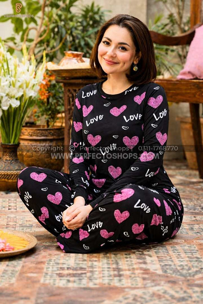 Black Love Heart Printed Night Suit