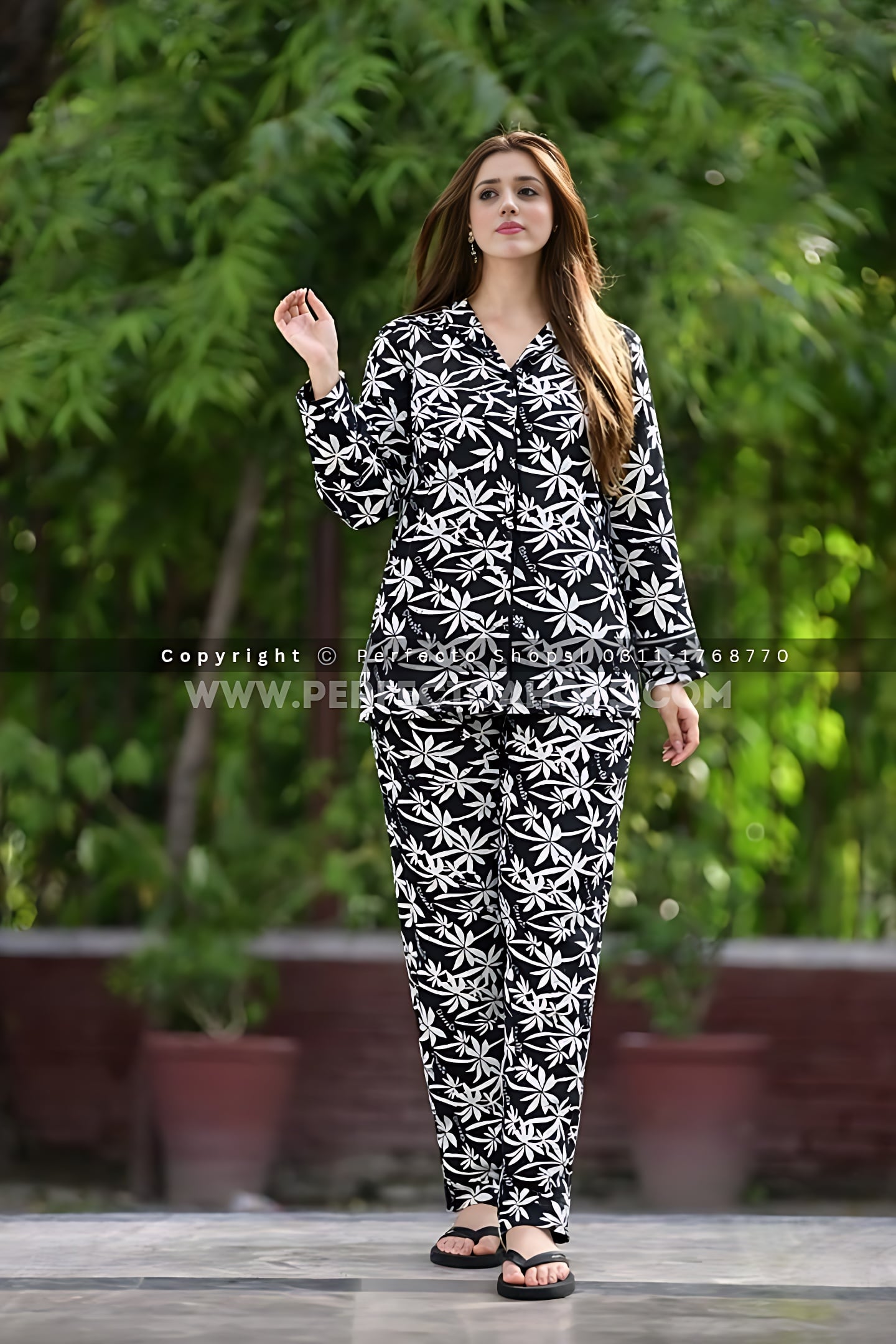 Imported Linen Printed White Flowers PJ Set